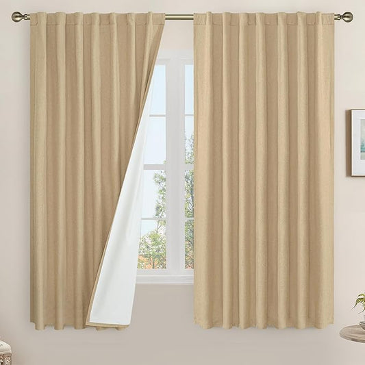 LAMIT 100% Blackout Linen Curtains 63 Inches Long, Linen Textured Living Room Burlap Bedroom Curtains Full Room Darkening Back Tab and Rod Pocket Panels with White Liner, 2 Panels, 60 x 63 Inch