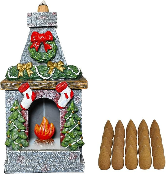 Hosley Resin Backflow Incense Holder and Burner - 7 Inch Christmas Fireplace Smoke Fountain Statue for Home Decor with 20 Apple Cinnamon Cones, Ideal for Meditation, and Relaxation