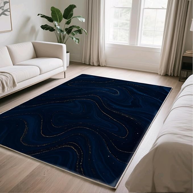 Luxury Marble Rug - 2x4 Rug, Navy Blue Marble Hallway Rugs, Modern Abstract Runner Rugs, Washable & Non Slip Small Carpet Home Decor