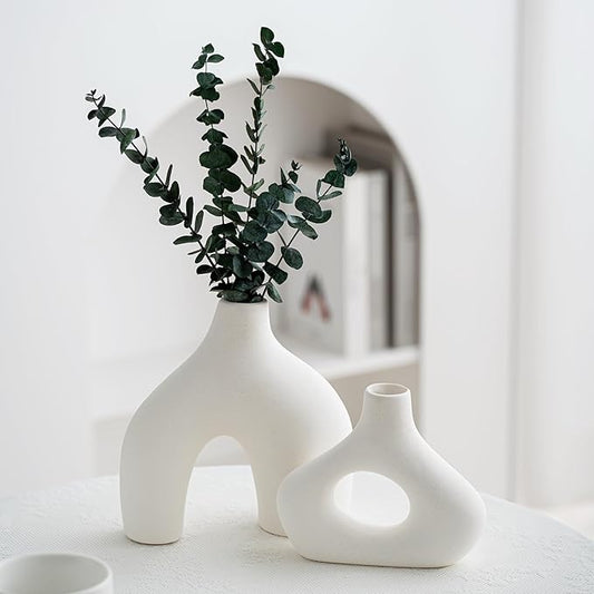 White Ceramic Modern Flower Vase, Nordic Coffee Table Home Decor Vases for Bookshelf, Minimalist Centerpiece, Living Room, Entry Way, Dining Tables, Desk