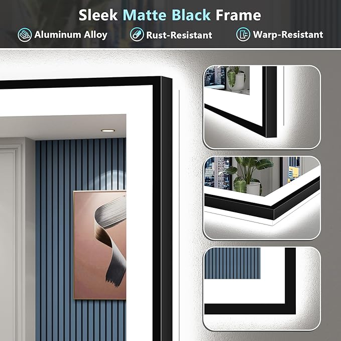60x40 Black Framed LED Bathroom Mirror with Lights, Backlit and Front Lit, Anti-Fog Lighted Vanity Mirrors for Bathroom Wall, Dimmable, 3-Color Light, Memory, Shatter-Proof, HD Tempered Glass