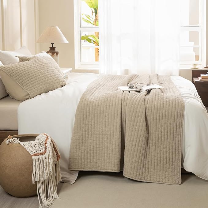 Sanracie Cotton Oversized King Bedspread(128"x120"), Soft Dark Wheat Color Stonewashed Extra Large Wide Oversized Quilt Sets Cross Stitch Lightweight Crinkle Coverlet Set 3Pcs for All Season