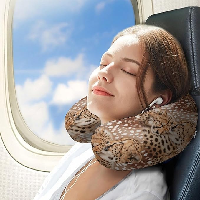 Pain Relief Travel Neck Pillow Cute Cheetah Leopard, Memory Foam U Shaped Support, Breathable Zip Cover for Airplane Car Office Men Women