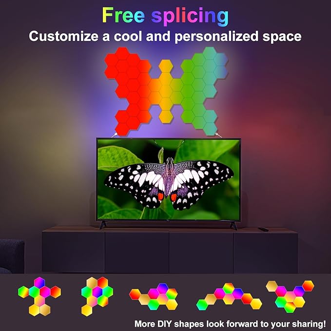 8 Pack Hexagon Lights for Wall LED, That Sync with Music, APP & Remote Controls Hex Lights, RGB LED Wall Panels for TV, Bedroom, Living Room, Game Room Decor