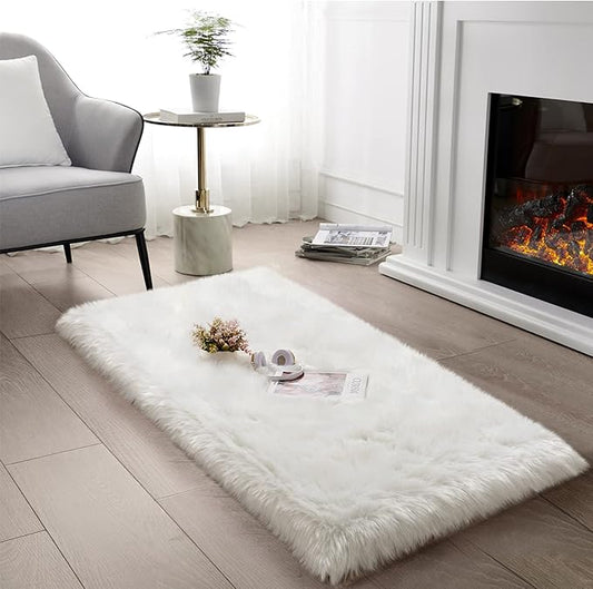 SERISSA Ultra Soft Faux Fur Area Rug White Fluffy Rug Plush Chair Cover Seat Pad Fuzzy Carpet Furry Besides Rug for Bedroom Floor Sofa Living Room 2x4 Feet (Rectangular, White)