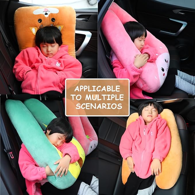 Kids Travel Pillow for Car Seat with Hand Muff, Cartoon Neck & Headrest Seat Belt Pillow for Car Road Trips Long-Distance Travel Sleeping Pillow for Adults and Children, Avocado