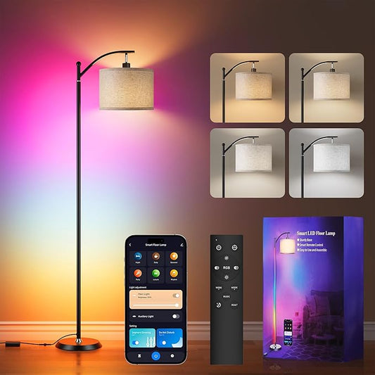 Smart LED RGBCW Corner Lamp with Linen Lampshade Works with Alexa, Color Changing Standing Lamp with 16 Million DIY Colors, Music Sync, Tall lamp for Living Bedroom Room,APP/Voice/Remote Control