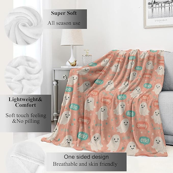Cute Pink Ghost Blanket Halloween Fall Holiday Decor Gothic Candy Smiling Spirit Throw Gifts for Kids Lightweight Fleece Boo Spooky Witchy Blankets for Horror Spooky Goth Decoration 40x50in