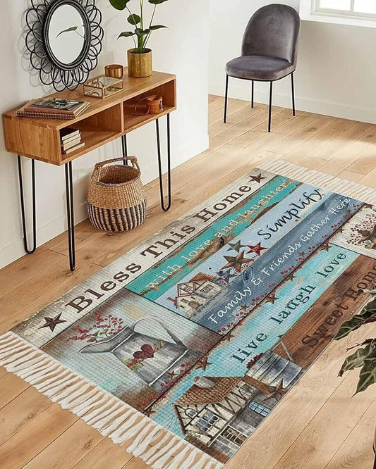 Turquoise Blue Brown Runner Rug 3X5 Ft Bedroom Area Rug, Washable Woven Vintage Barn Rustic Cabin Throw Carpet with Tassel, Non-Shedding Country Star Farm Wooden Plank Dining Room Living Room Carpets