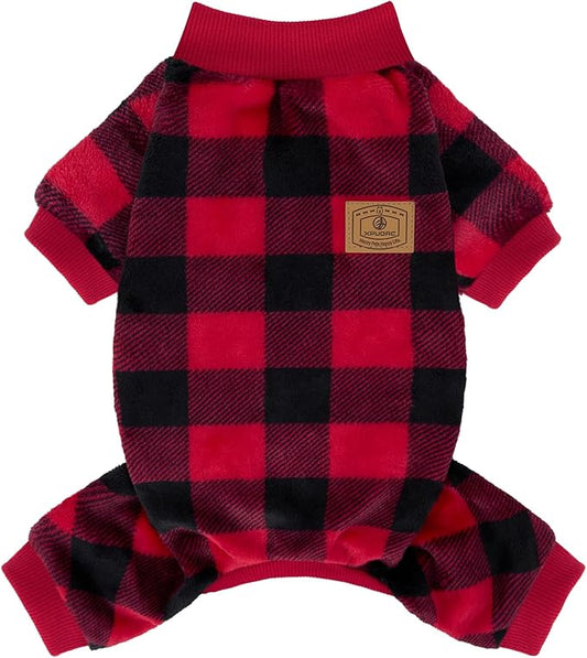 XPUDAC Dog Christmas Sweater Plaid Dog Pajamas for Small Medium Dogs Girl Boy Fleece Puppy Clothes Outfit for Winter, L