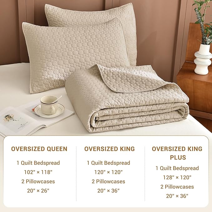 Sanracie Oversized Queen Bedspread Set 102"*118",100% Cotton Quilts Queen Size Linen Colored Circular Quilting Extra Large Quilt Bedding Coverlet Set 3Pcs Quilted Bed Blanket Lightweight