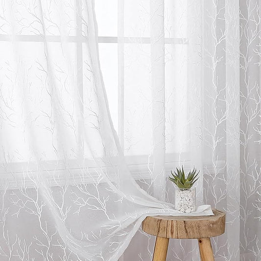 VISIONTEX Sheer Curtains 108 inch Length 2 Panels Set Decorative White Coral Embroidery Rod Pocket Embroidered Semi Sheer Window Drapes for Living Room and Bedroom 54 x 108 Inches