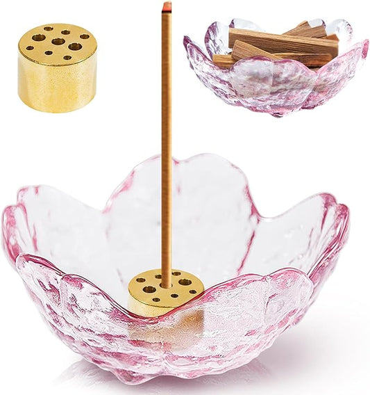 Incense Holder for Sticks, Glass Backflow Incense Burner with 9 Stick Holes, Handmade Cherry Blossom Incense Holder with Ash Catcher for Meditation, Yoga, Home Decor (NO with Gilt-Edged)