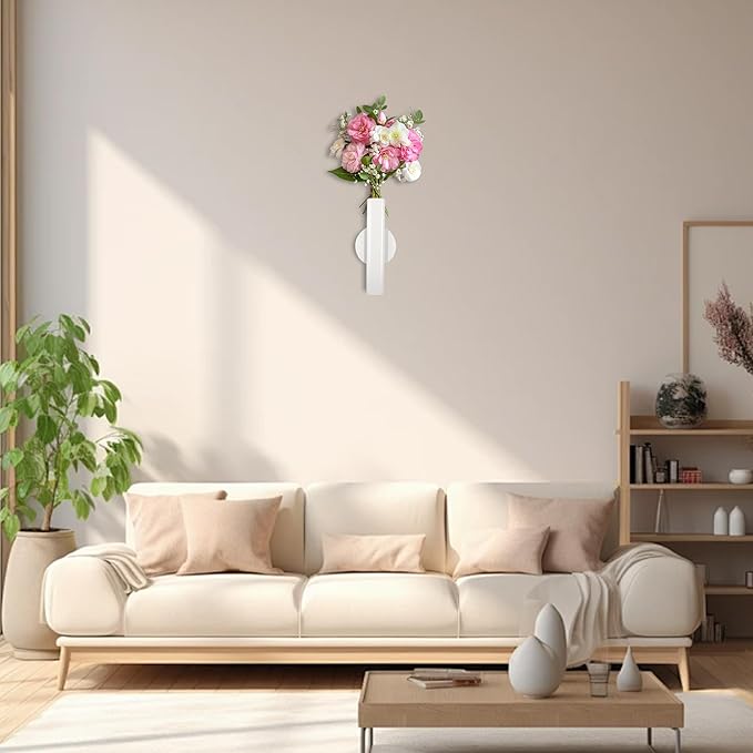 6.3" Wall-Mounted Flower Tube, Top/Bottom Open Vase, Adhesive Metal Flower Open Tube Decoration Holder for Flower Display, Home Office Living Room Bedroom Decoration, 2pcs(White)