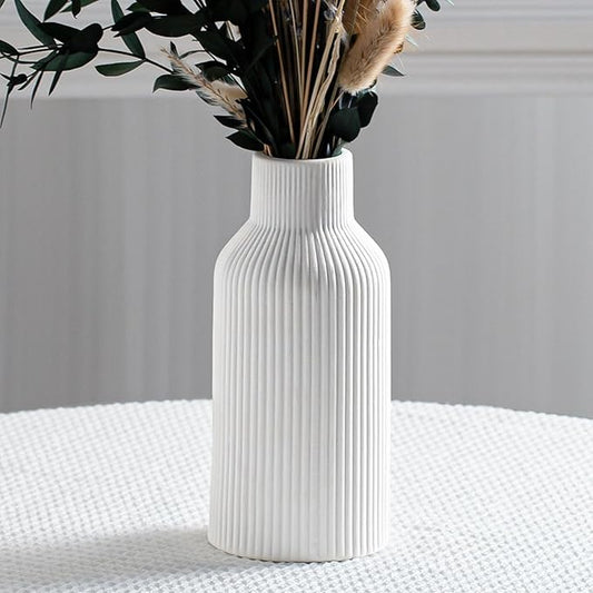 Bohemian White Ceramic Vase - for Pampas Grass, Mantel, Bookshelf, Entryway and Living Room Decor (White, 8in)