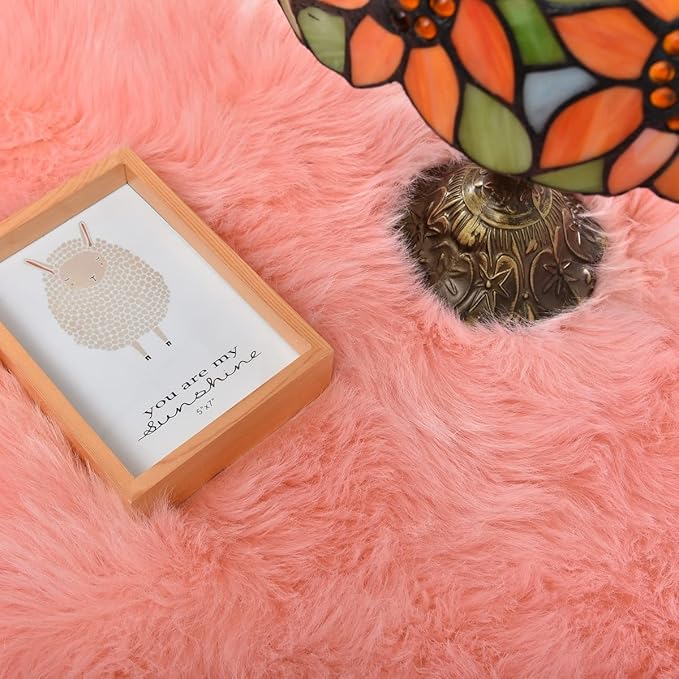 Pink Washable Fluffy Circle Rugs for Bedroom Small Faux Sheepskin Shag Fur Round Rugs 4ft Nursery Rug Cute Room