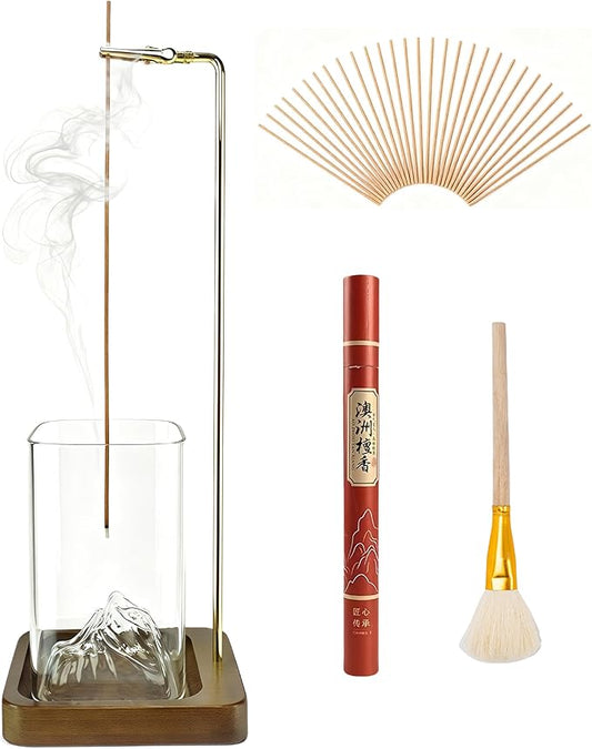 Bamboo-Wood Incense Holder for Sticks, Anti-Ash Flying Burner with 40 Incense Sticks & Removable Glass Ash Catcher, Home Decor for Meditation Yoga Spa (1)