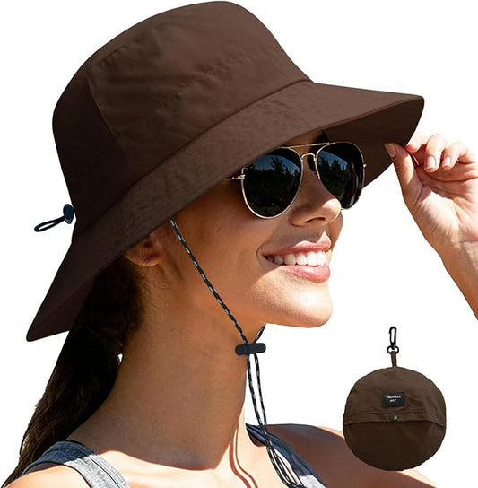 NPJY Packable Quick Dry Sun Bucket Hats for Women Lightweight Outdoor Waterproof Rain Hat with Detachable Chin Strap