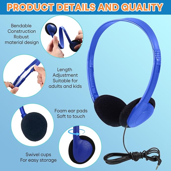 Bulk Earbud Headphones 50 Pack for School Classroom Kids, Wholeslae Wired Durable Earphones Class Set for Students Children Toddler Teens Boys Girls and Adult (HY857,50 Blue)