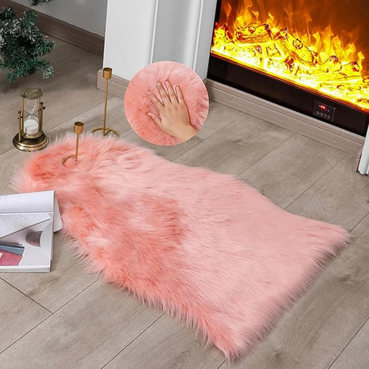 Faux Fur Rug Sheepskin Shag Fluffy Fuzzy Pink 2x3 ft Small Rugs for Bedroom Bedside Bed Floor Living Room Plush High-Density Cushion Carpet Super Sofa Cover