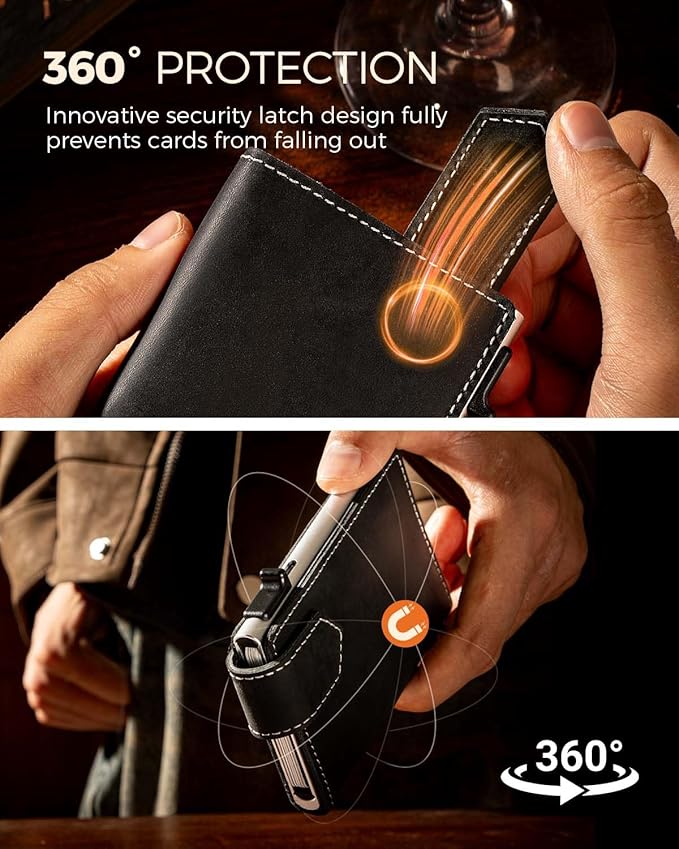 LORZOR Slim Wallet for Men with Security Latch, Pop Up Metal Card Holder Wallet, Finest Full Grain Leather Bifold Wallets, Smart, Minimalist, RFID Blocking, Front Pocket, ID Window