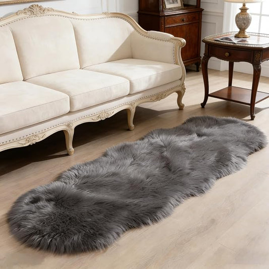 Grey Faux Fur Sheepskin Area Rug for Living Room Bedroom, 2 x 6 Feet Ultra Soft Shaggy Fuzzy Furry Carpet Chair Throw Runner Rugs for Kids, Girls, Nursery Room Decor Dorms