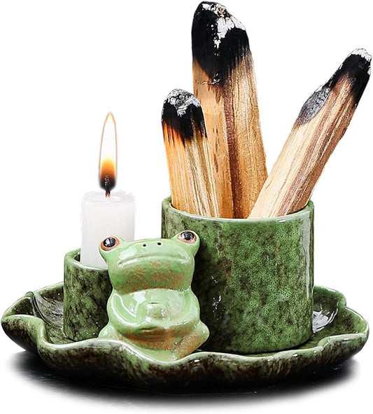 3-in-1 Multifunctional Ceramic Burning Tray with Lotus Leaf and Cute Frog for Burning Sage, Palo Santo, Incense Sticks, Candles
