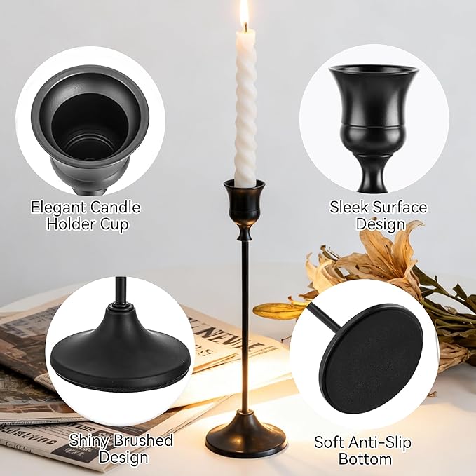 Taper Candle Holders, Tall Vintage Metal Candlestick Holders, 12 PCS Black Candle Sticks Holders for Home Decor Table Centerpiece Wedding Housewarming Festival, Black, 4 Sets (12 pcs)
