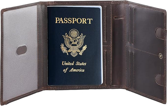 STAR VISTA Domenico Full Grain Leather Pilot Passport Wallet, Trifold Travel Document Organizer with RFID Blocking, Transparent Doc & Dual ID Windows, AirTag Slot, Pen & Travel Notebook