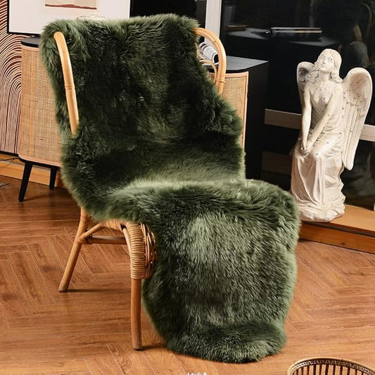 LLB Genuine Sheepskin Area Rug Fur Carpet Fluffy Shaggy Fur Rug for Living Room Kids Bedroom Real Sheepskin Throw Lambskin Aesthetic Rugs Sofa Mat Chair Seat Covers (Dark Green, 2 x 6 ft Sheepskin)
