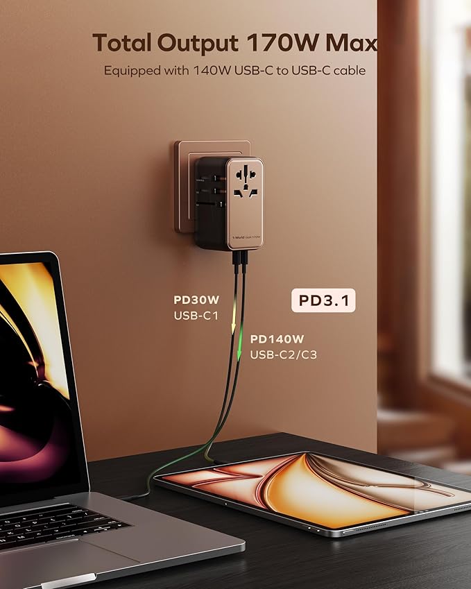 MOMAX Universal Travel Adapter, 170W GaN International Power Adapter, 3 USB-C 1 USB-A, Worldwide Travel Plug Adapter, International Power Adapter for Most Europe, USA, Japan, Australia (Type C/A/G/I)