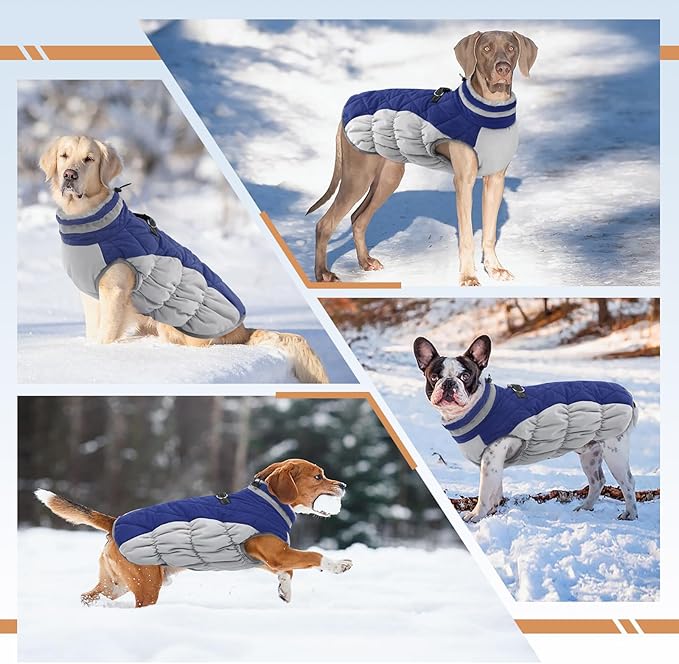 OUOBOB Winter Dog Coat,Large Dog Jacket,Waterproof Pet Jacket with Back Zipper,Pet Coat with Harness Built in,Warm Dogs Coat with Fleece Lined, Snow Jacket Clothes French Bulldog Shiba Inu,Blue,L