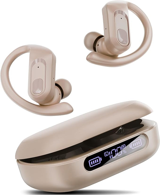 occiam Active Noise Cancelling Wireless Earbuds Bluetooth Headphones Ear Buds 96Hrs Playback Clear Call Waterproof Earphones with Ear Hook Microphones for Sport Running (Off-White Standard)