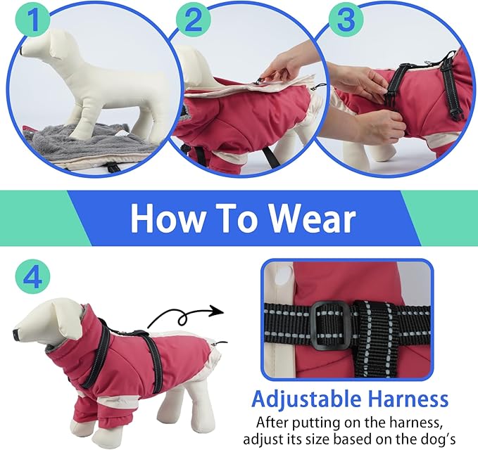 MIGOHI Warm Dog Coat Waterproof Small Dog Jacket with Harness,Reflective Fleece Snowsuit for Dogs,Windproof Puppy Coats with Legs for Cold Weather,Adjustable Pet Clothes for Puppies,Xs,Pink