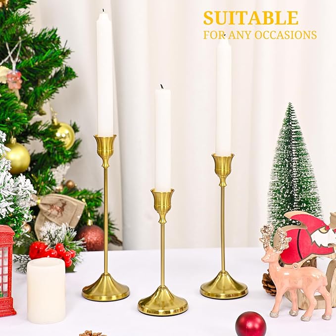 Candlestick Holders 6 PCS, Metal Taper Candle Holder, Brass Gold Candle Holders for Pillar Candles, Vintage Dining Table Centerpiece Decorations for Wedding Party Christmas Halloween Decor