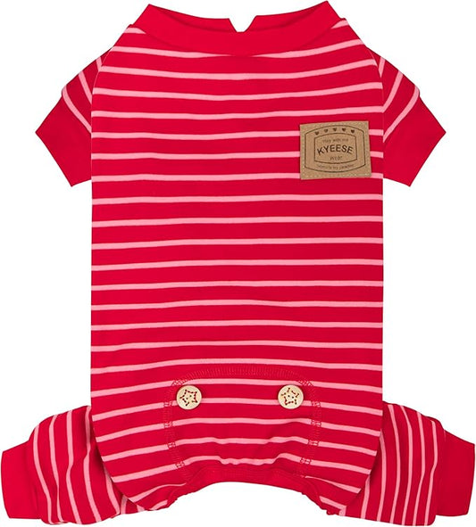 KYEESE Dog Pajamas, Stretchable Velvet Fleece 4 Legs Doggie Onesie, Striped Dog PJS for Small Dogs, Soft Cozy Pet Outfit Puppy Pajamas, Comfortable Sleepwear Cat PJS, Red Striped, X-Small