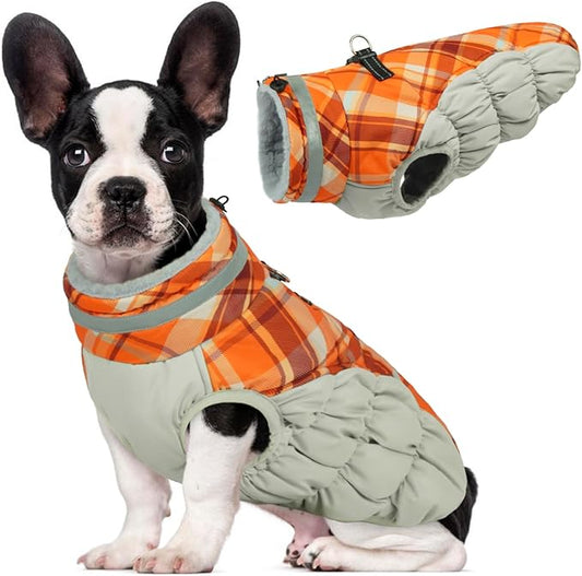 Lelepet Warm Dog Winter Coat Dog Coats for Medium Dogs Waterproof Dogs Jacket with Harness Built in Reflective Cold Weather Coats Windproof Zip-Up Winter Fleece Vest Snowsuit Dachshund Orange Plaid