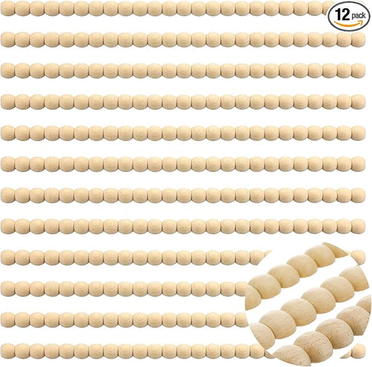 Nuanchu 12 Pcs Decorative Beaded Wood Trim Molding Half Wooden Beads Bobbin Trims 15.75 Inch Unfinished 3D Pearl Paintable Wood Molding for DIY Crafts Home Wall Cabinet Shelf Window Door (16 mm)