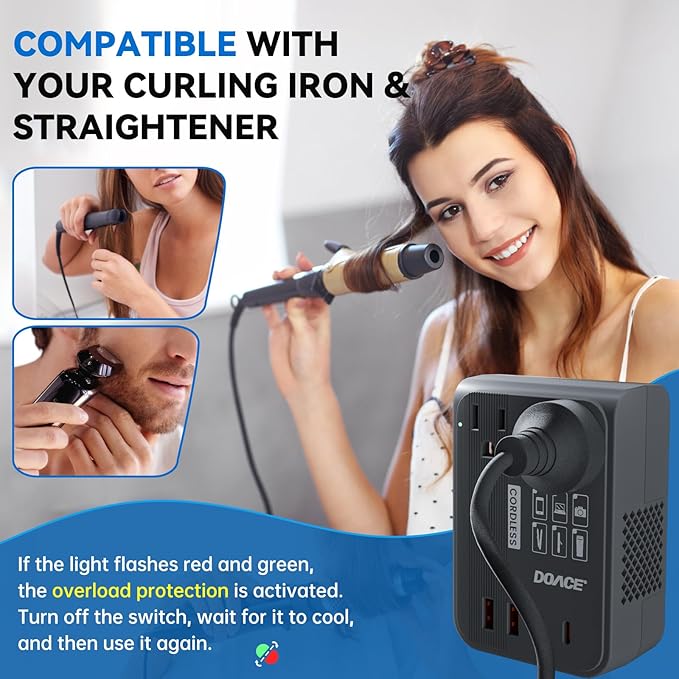 DOACE Voltage Converter US to Europe 350W Convert 220V to 110V for Curling Iron Straightener Shaver, Cordless Converter for European Travel with 2 USB A & 2 USB C Ports Charging, Black