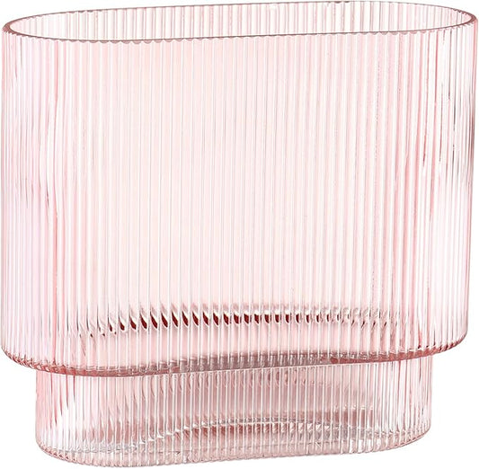 Ribbed Glass Vase, Pink Glass Vase, Fluted Short Vases for Flowers, Modern Vases for Living Room, Dining Room, Bathroom, Desk, Shelf, Wedding, Office, 7 Inches