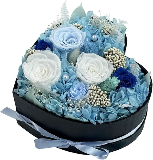 Preserved Roses Heart Shape Box Valentines Day Gifts for Her Mothers Day Forever Flowers (Multicolor-Blue, One Size)