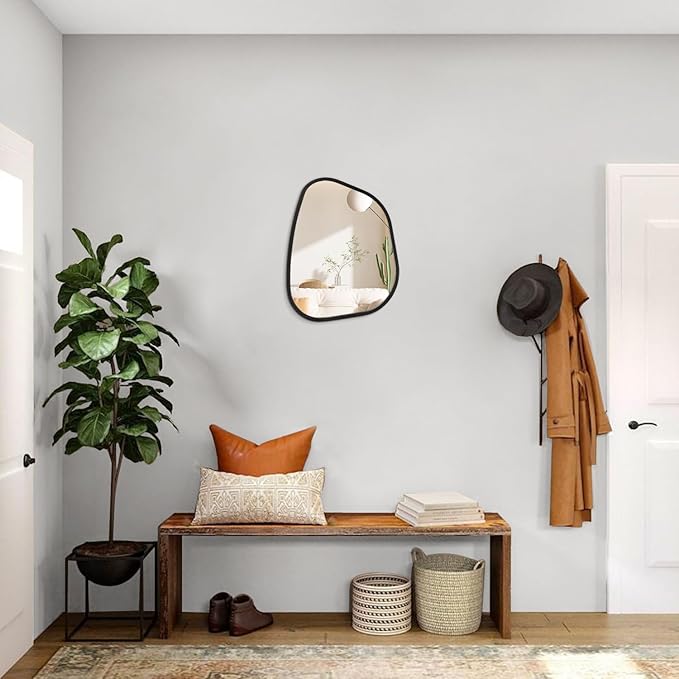 Irregular Bathroom Mirror Modern Oval Wall Mirror Asymmetrical Wooden Framed Wall Mirror Unique Shape Wall Mounted Vanity Artistic Mirror Decor for Living Room Bedroom Entryway Small 16"x12"