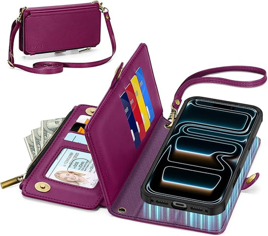 TUCCH Crossbody Detachable Wallet Case for iPhone 17 Pro Max 6.9", 10 Card Holders RFID Blocking, Wireless Charging, Stand Wrist Strap, Lanyard, Zipper Pocket, PU Leather Shockproof Cover, Plum Purple