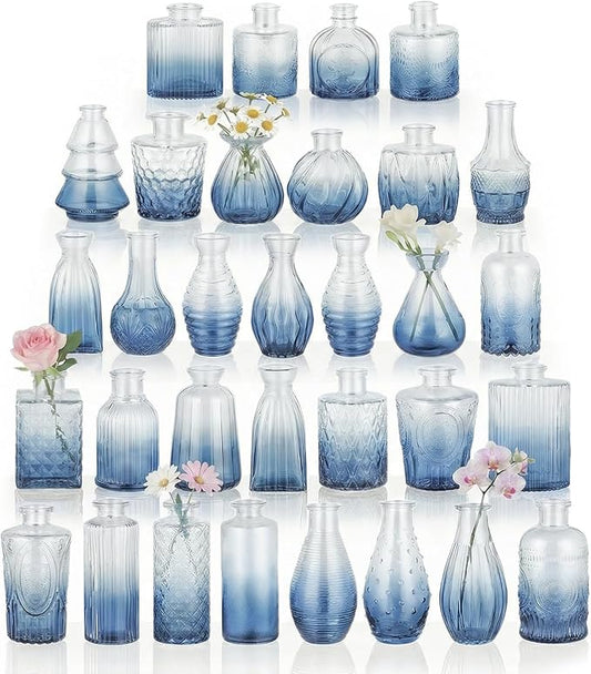 BEAHOT 32 Pack Bud Vase in Bulk,Mini Blue Vintage Glass Flower Vases for Centerpieces,Wedding Decor,Party & Home Decaration,Mother's Day (Blue-Gradient)