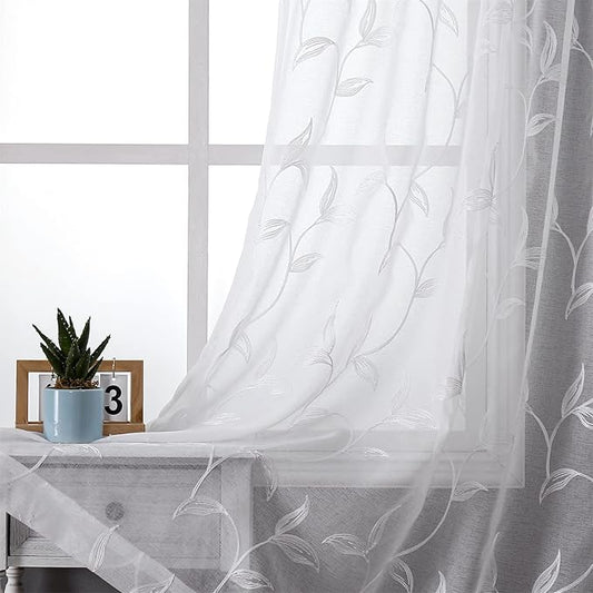 VISIONTEX White Sheer Curtains 95 Inches Long 2 Panels Set Embroidered Floral Leaf Pattern Rod Pocket Semi Sheer Voile Window Curtains/Drapes for Bedroom Living Room 54 x 95 Inches