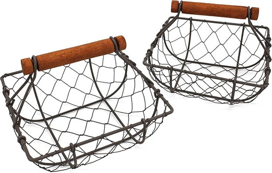 CVHOMEDECO. Chicken Wire Egg Baskets Rust Gathering Baskets with Wooden Handle Country Vintage Style Storage Baskets. Set of 2 (Square)