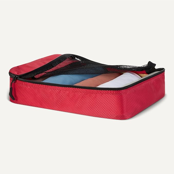 Amazon Essentials 4-Piece Packing Cubes Travel Accessories Set, Luggage Organizer with Double Zipper, Mesh Top, 100% Polyester, Small/Medium/Large/Slim, Red (Previously Amazon Basics)