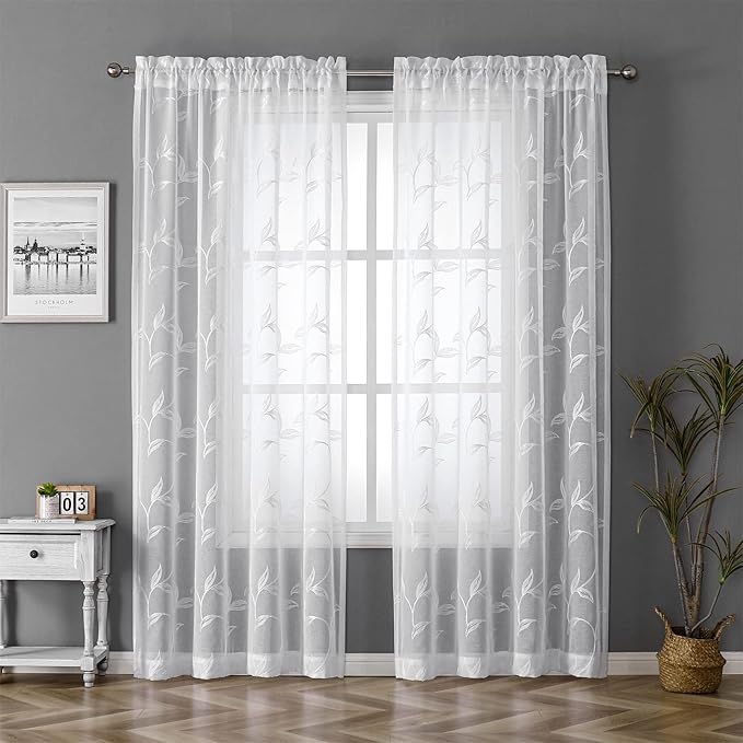 VISIONTEX White Sheer Curtains 63 Inch Length 2 Panels Set Embroidered Floral Leaf Pattern Rod Pocket Semi Sheer Voile Window Curtains/Drapes for Bedroom Living Room 54 x 63 Inches