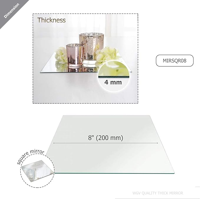 WGVI WGV Large Square Mirror Plate 8" Width, 4.5 mm Thickness, Frameless Sanded Edges, Quality Thick Candle Tray, Home Event Party Wedding Table Centerpiece Wall Decor, 1 Piece