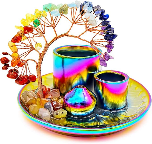 5 in 1 Incense Burner Holder with Crystal Tree for Burning Palo Santo Stick, Sage, Incense Sticks, Candle, Ceramic Tray Ash Catcher, Meditation Gift (Colorful)